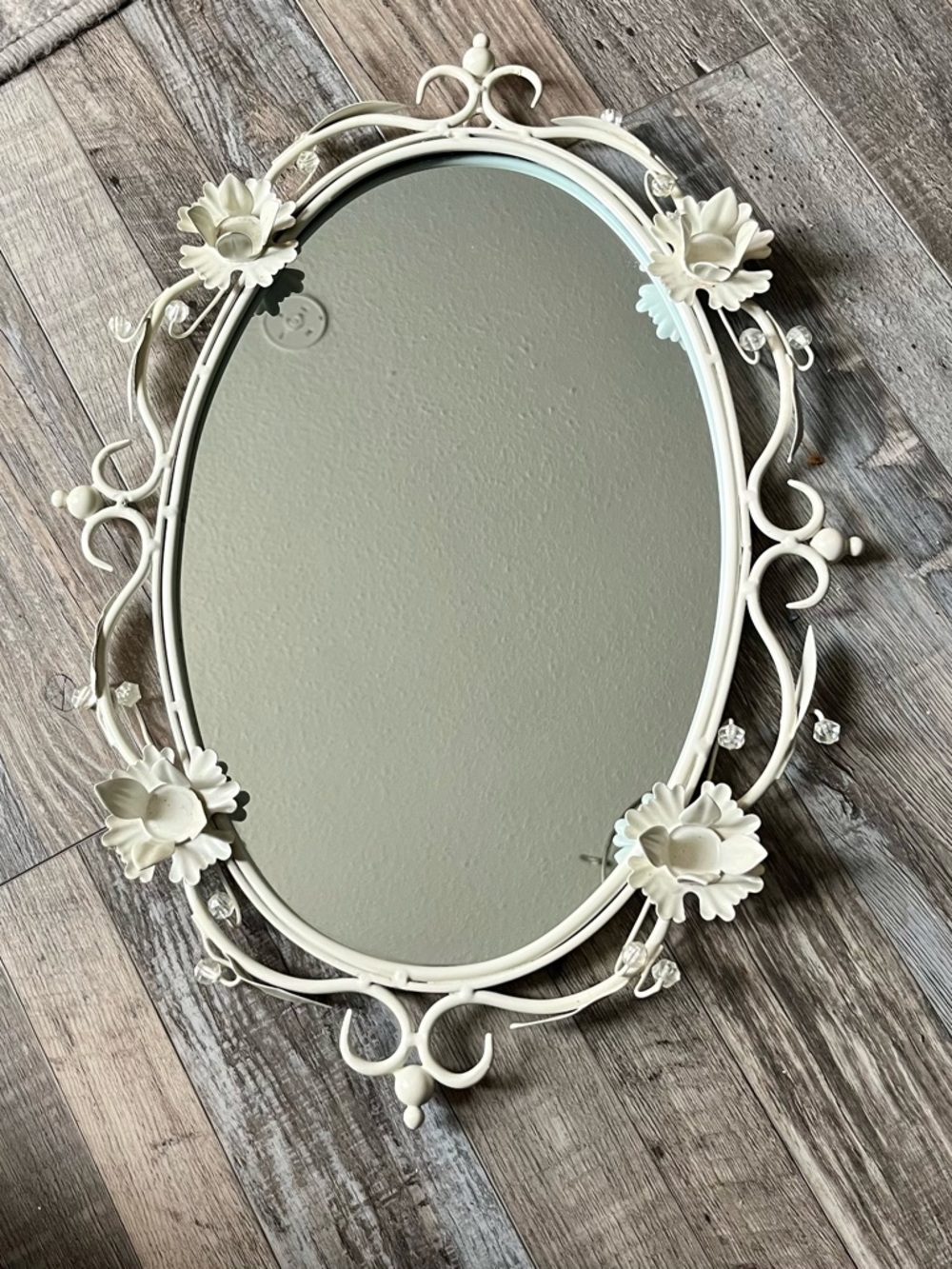 Vintage Ornate Tole Style White Floral Oval Wall Mirror - Decorative Home Accent
